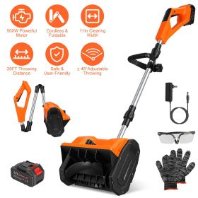 500W 21V 11In Cordless Snow Shovel Foldable Battery Powered Snow Thrower with ±45° Directional Plates Rechargeable Battery Gloves Goggles for Patio Dr