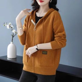 Knitwear Hooded Sweater Coat Women's Loose Zip Knitted Cardigan (Option: Yellow-S)