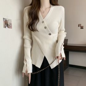 V-neck Pullover Design Sense Slimming Inner Autumn Sweater (Option: White-Average Size)