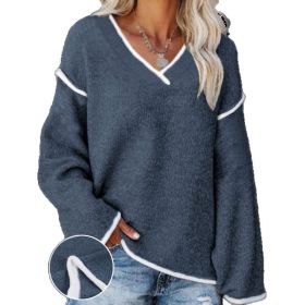 V-neck Color-contrasting Stripe Loose Casual Plus Size Women's Knitted Blouse (Option: Navy Blue-L)