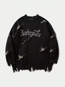 New Personality Street Jacquard Ripped Frayed Vintage Loose Sweater (Option: Black-M)