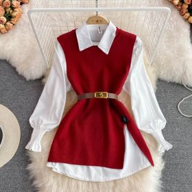 Slit Knitted Vest Shirt Western Style Youthful-looking Two-piece Set (Option: Red-S)