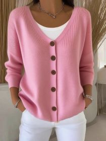 Women's Clothes Solid Color Knitted Button Cardigan Sweater (Option: Pink-S)