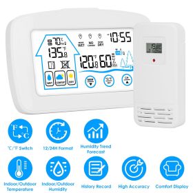 Wireless Weather Station With Clock 196FT Range Indoor Outdoor Thermometer Sensor Temperature and Humidity Monitor Humidity Forecast Battery Powered B (Color: White)