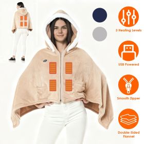 Wearable Heated Throw Blanket Double-Sided Flannel Portable Electric Heating Hoodie For Women Men Machine Washable 3 Heating Levels Battery Operated (Color: Beige)
