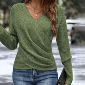 V-neck Long Sleeve Cross Solid Color Knitted Sweater (Option: Army Green-S)